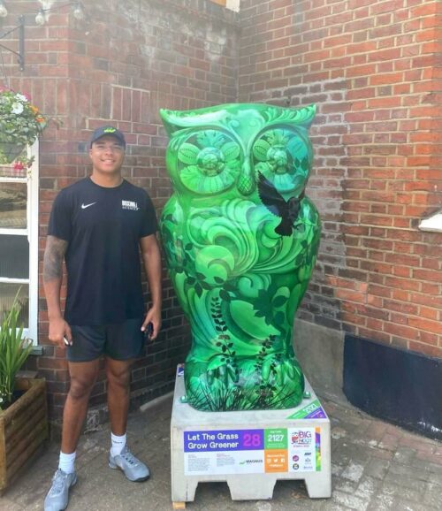 Fabio Wardley with Mow Magnus, part of the Big Hoot Art Trail in Ipswich